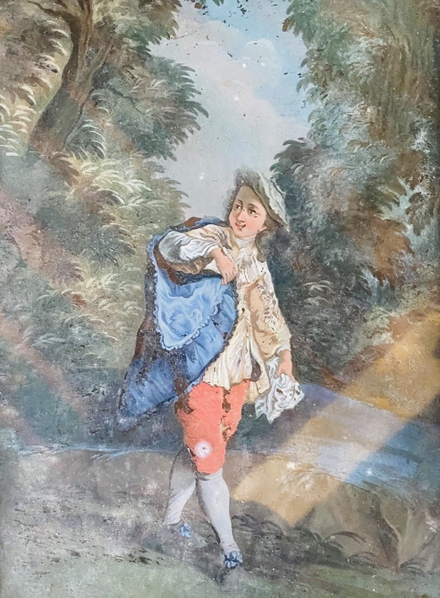 Gallant Scene, Pair Of Reverse Glass Paintings, Augsburg 18th Century -photo-1