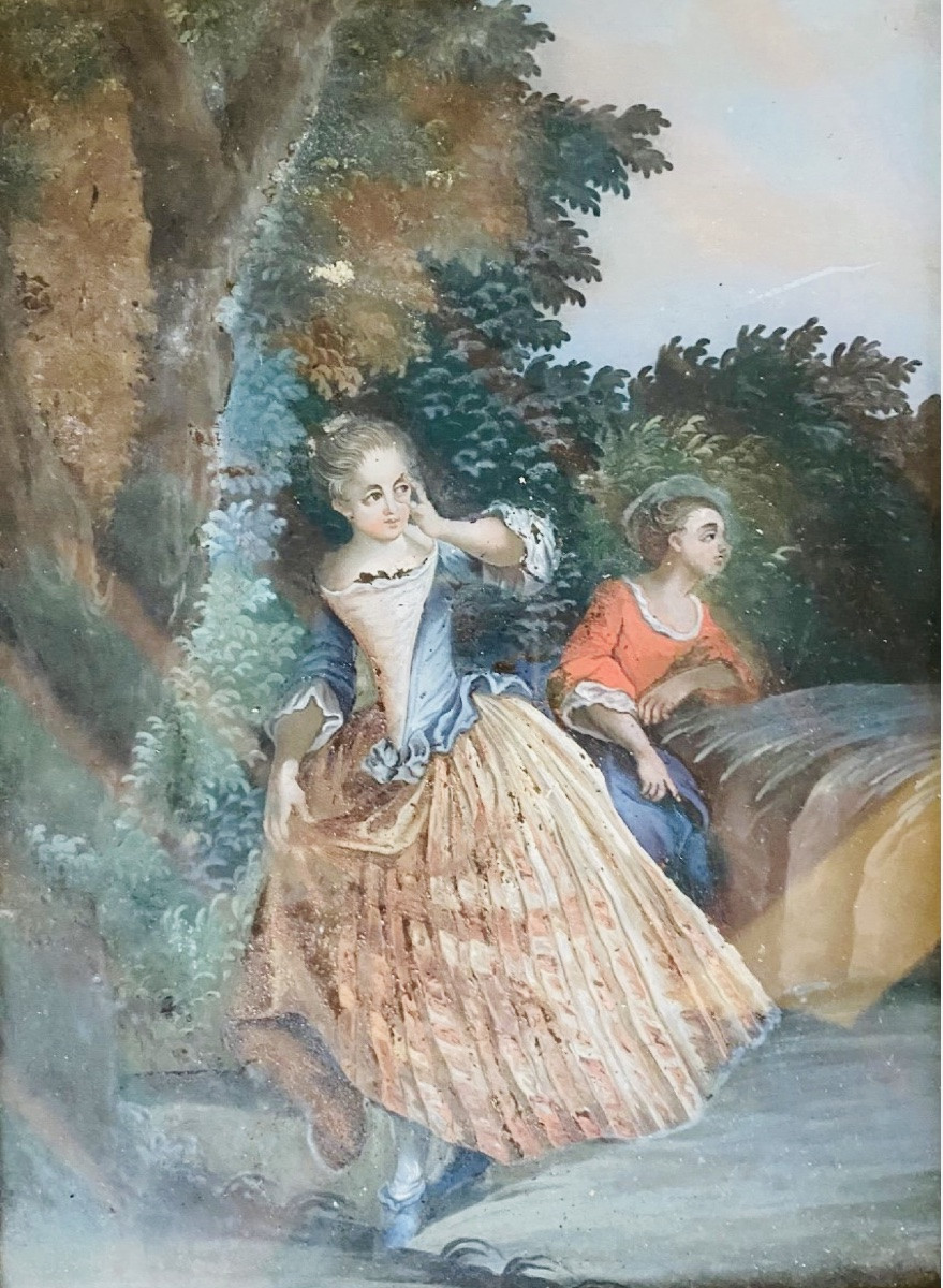 Gallant Scene, Pair Of Reverse Glass Paintings, Augsburg 18th Century -photo-3