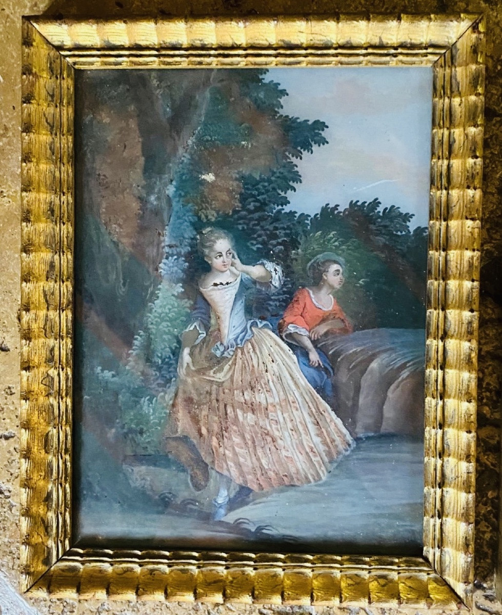 Gallant Scene, Pair Of Reverse Glass Paintings, Augsburg 18th Century -photo-6