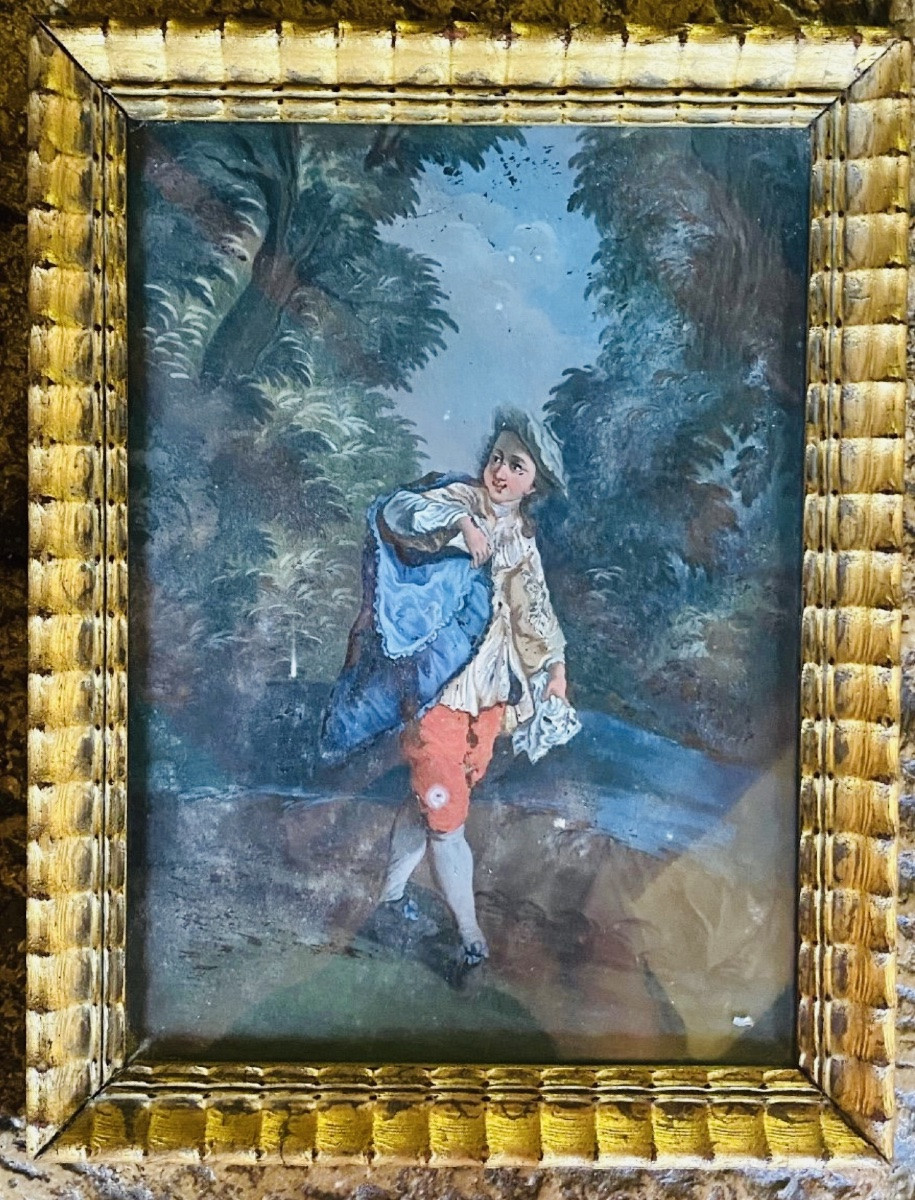 Gallant Scene, Pair Of Reverse Glass Paintings, Augsburg 18th Century -photo-7