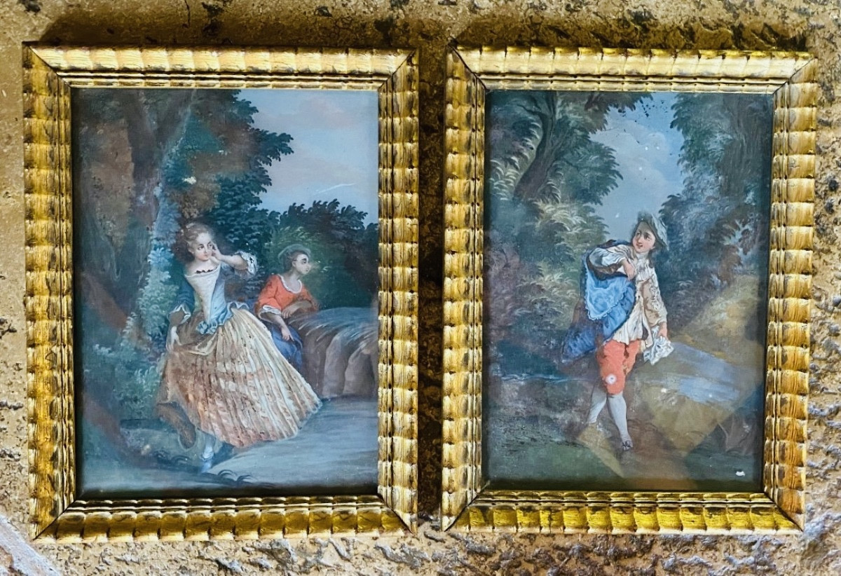 Gallant Scene, Pair Of Reverse Glass Paintings, Augsburg 18th Century 