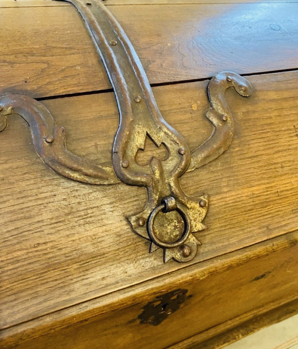 Important Coffre Bombé De Malle Poste ou de diligence en chêne blond Du XVIII Eme Siècle-photo-3