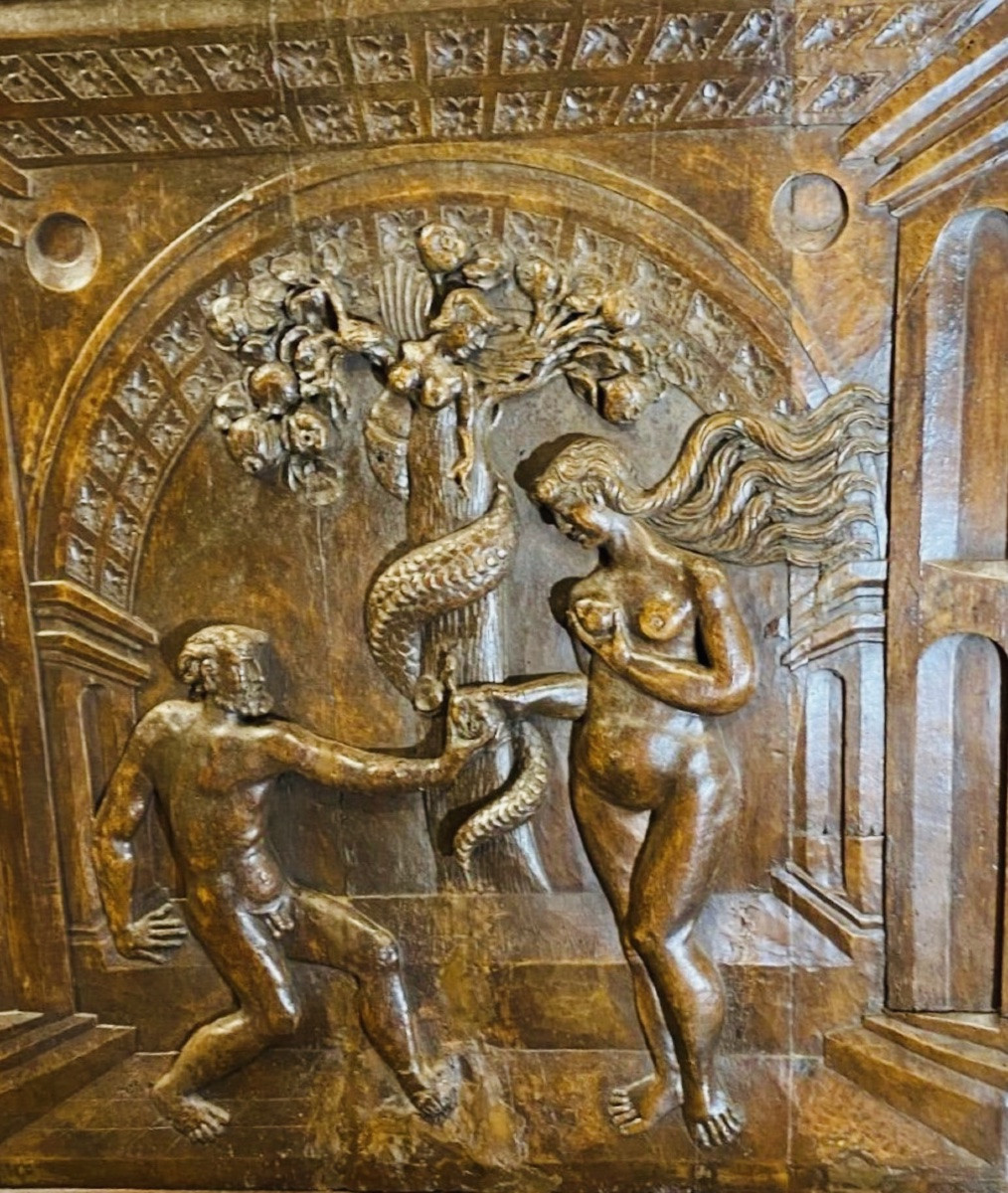 Adam And Eve, Large Walnut Panel In Renaissance Style, Late 17th Century-photo-2