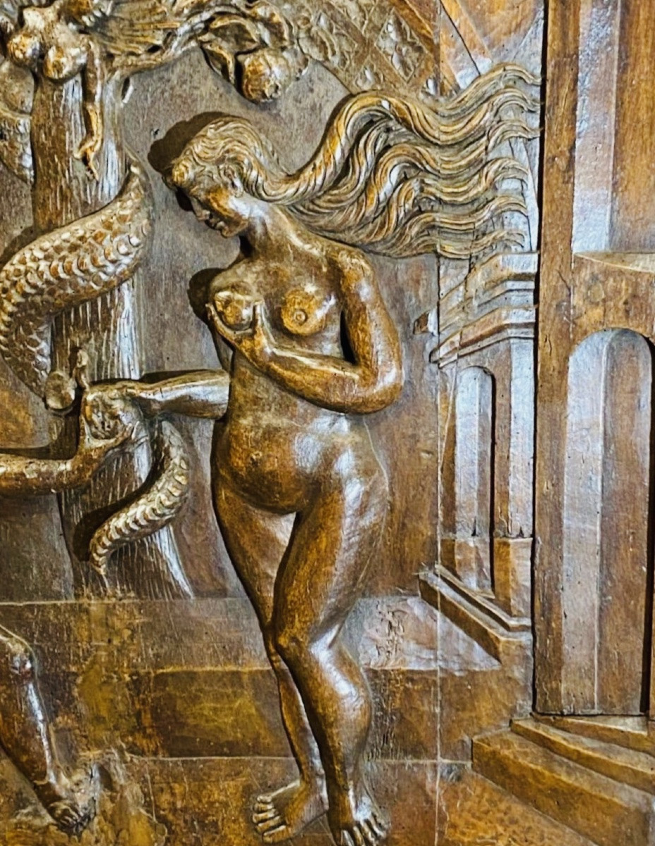 Adam And Eve, Large Walnut Panel In Renaissance Style, Late 17th Century-photo-3