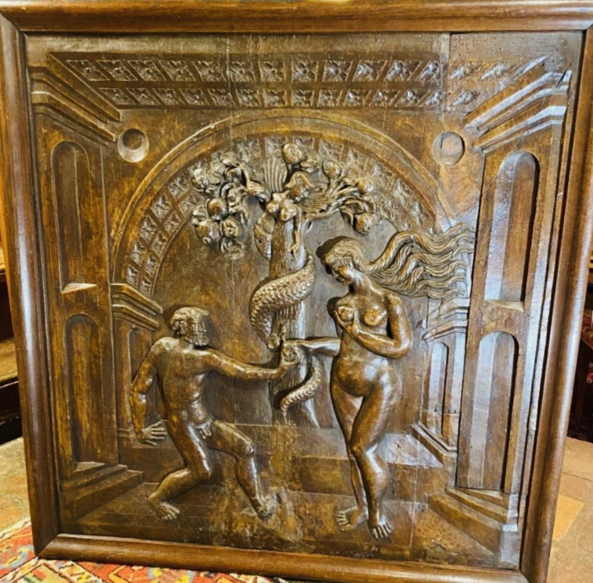 Adam And Eve, Large Walnut Panel In Renaissance Style, Late 17th Century