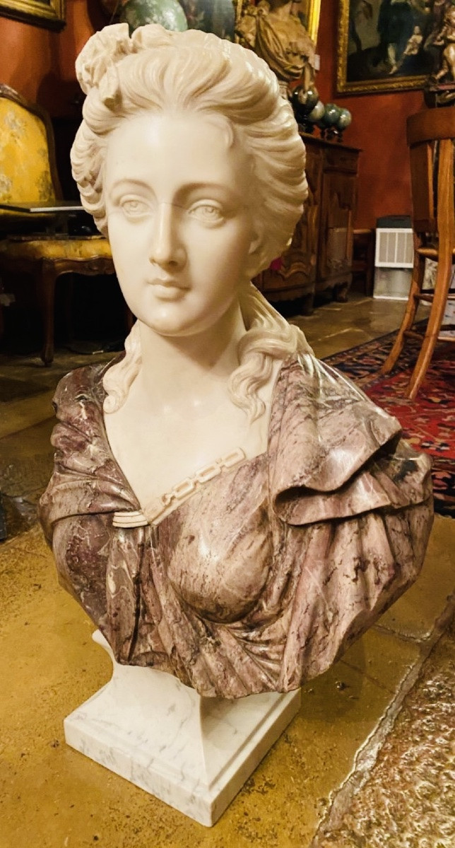 Grand Buste De Femme en marbre d’époux Napoléon III Dans L’esprit Du XVIII Eme Siècle-photo-3