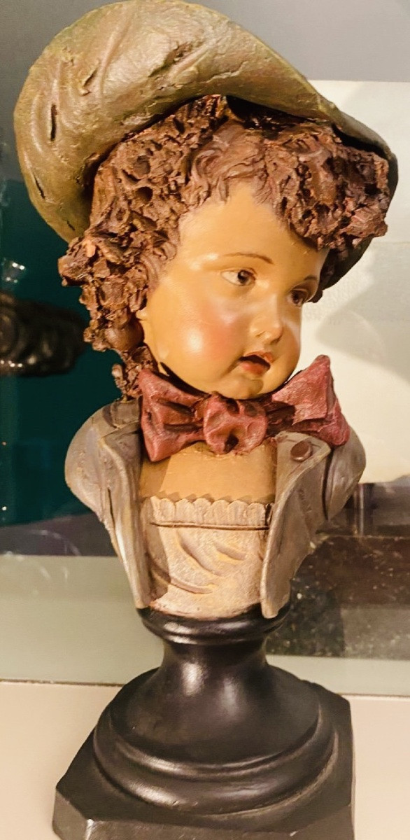 Pair Of Polychrome Terracotta Busts Of Children Signed Eugene Bourgoin-photo-3