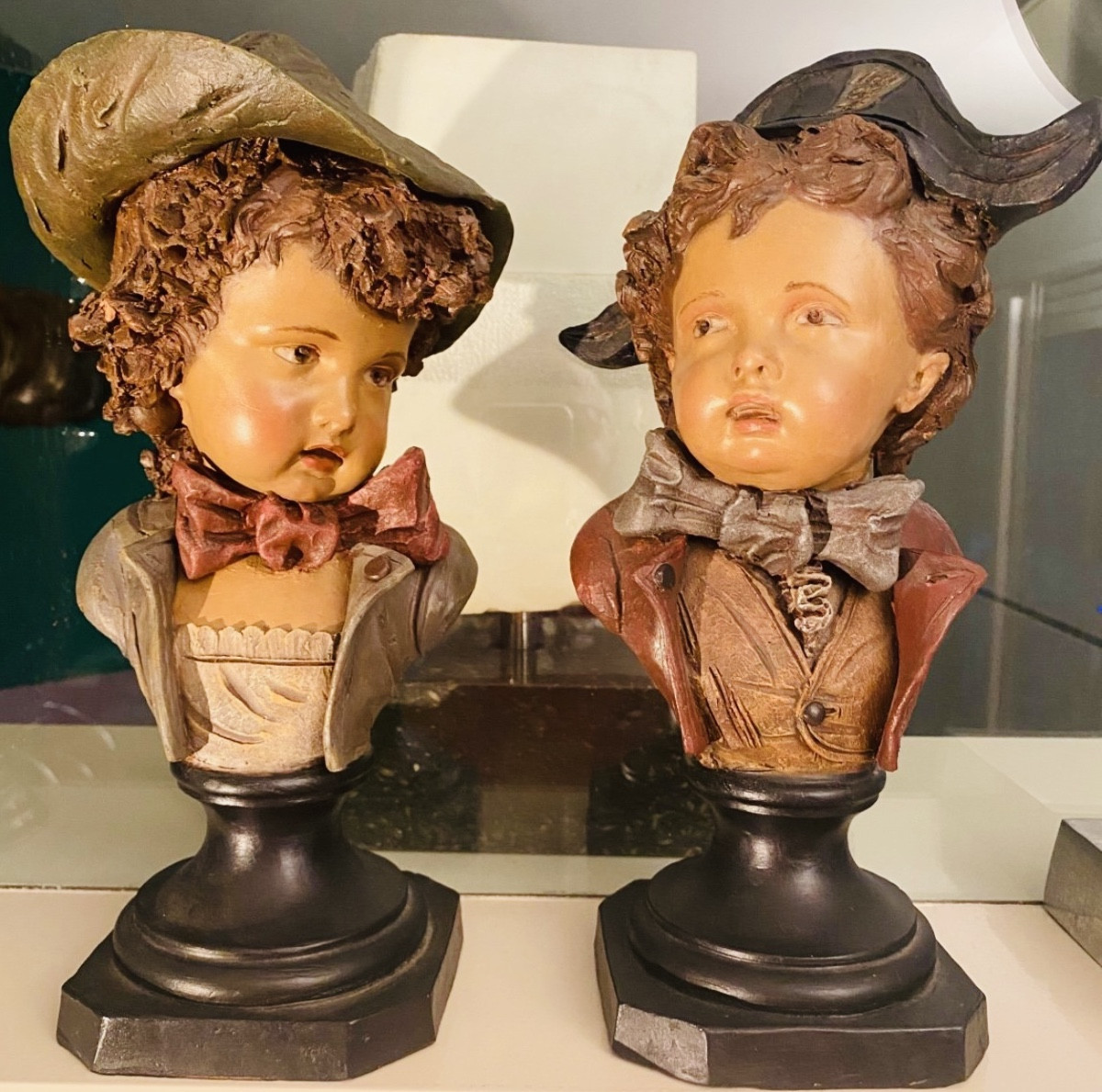 Pair Of Polychrome Terracotta Busts Of Children Signed Eugene Bourgoin