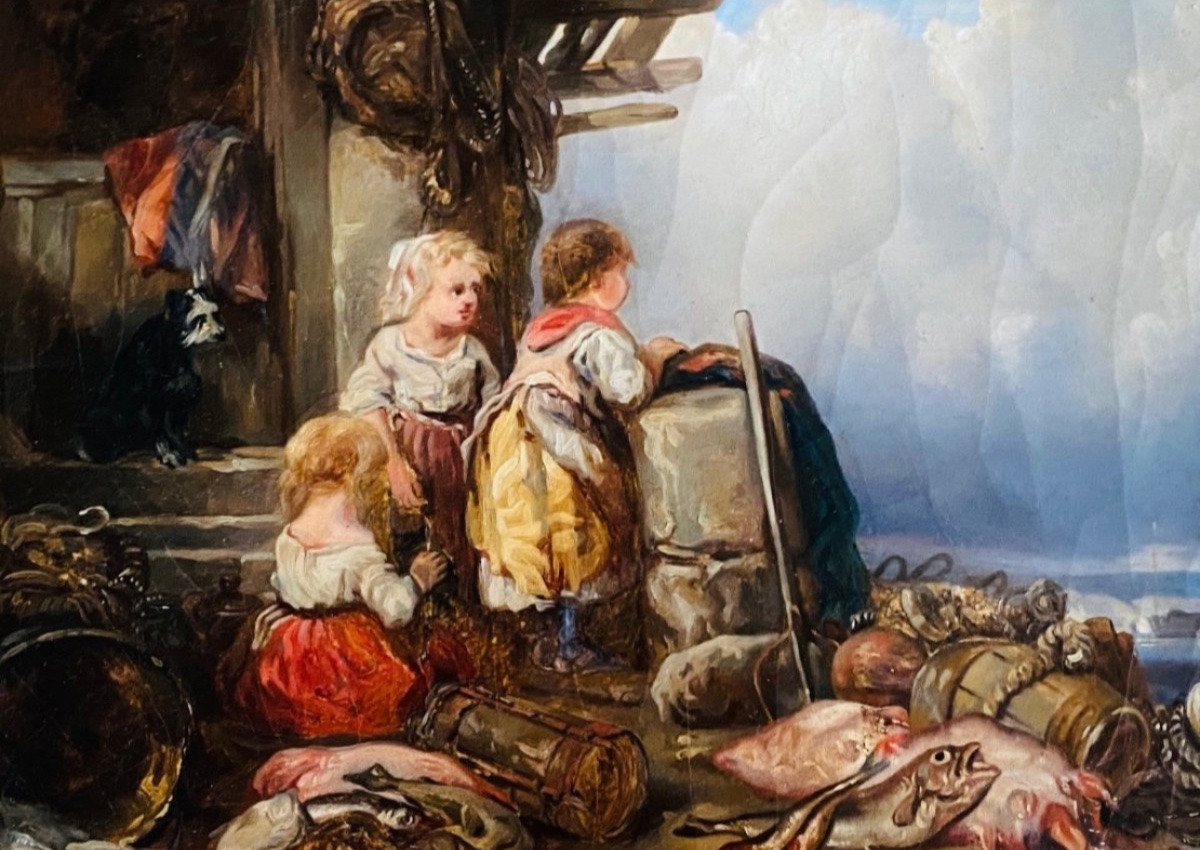 Oil On Canvas, Young Girls By The Sea, 19th Century -photo-2