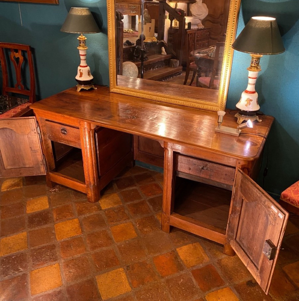 Large Flat Desk With Drawers In Burgundy Walnut, 18th Century-photo-1