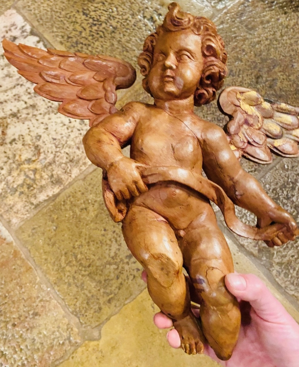 Angel With A Scroll Made Of Fruitwood, 18th Century-photo-2