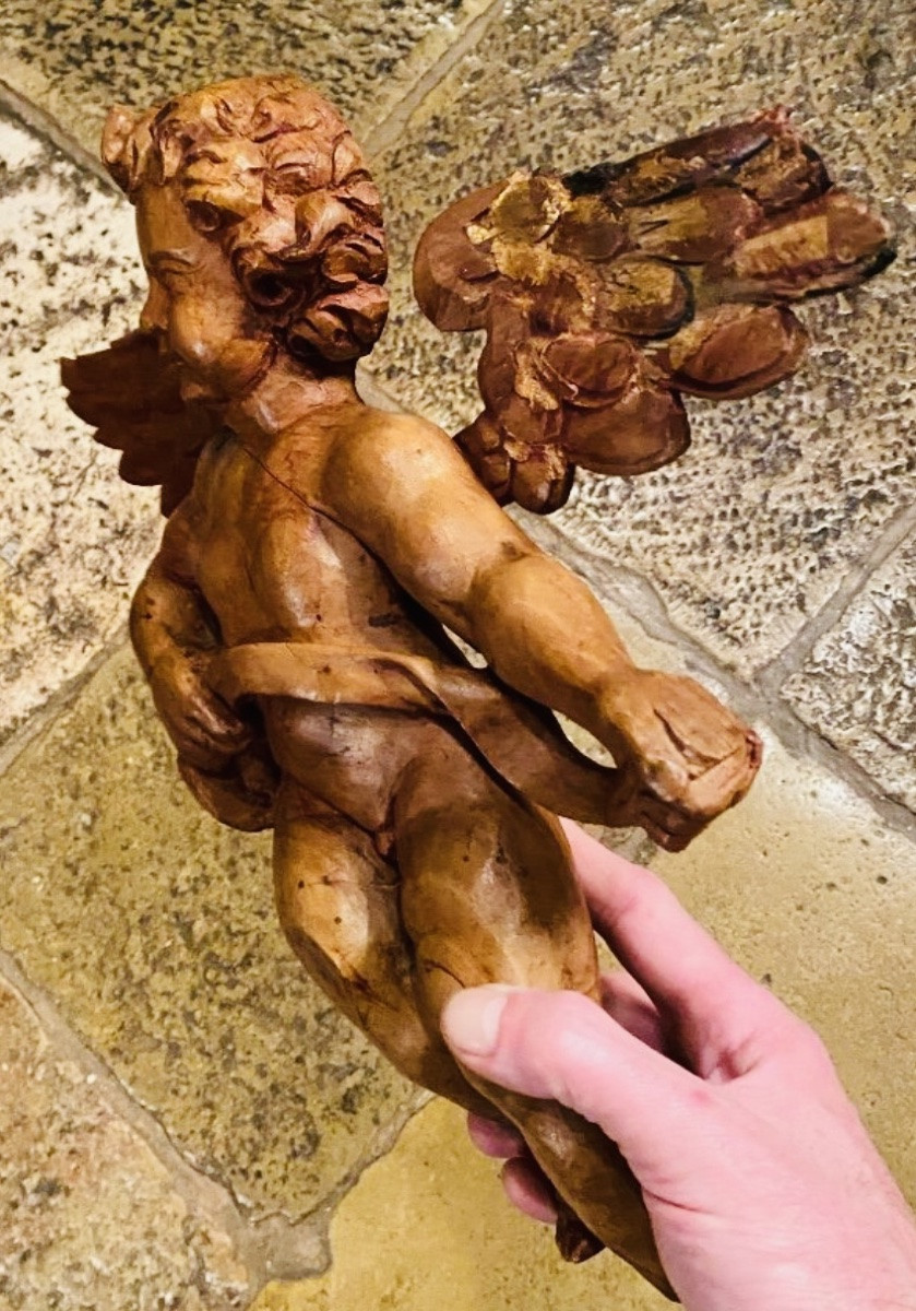 Angel With A Scroll Made Of Fruitwood, 18th Century-photo-3