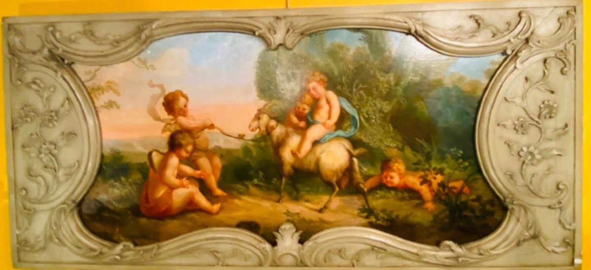 Important Bacchanal Scene With Putti, 19th Century Wood Paneling Painting-photo-2