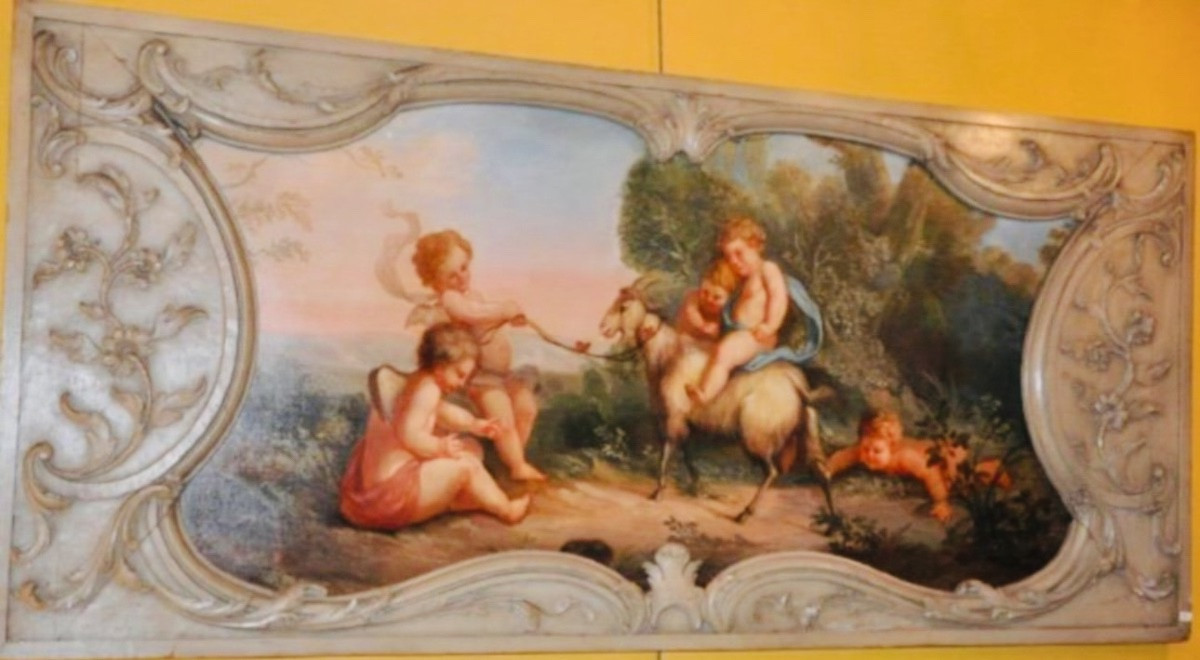 Important Bacchanal Scene With Putti, 19th Century Wood Paneling Painting-photo-3