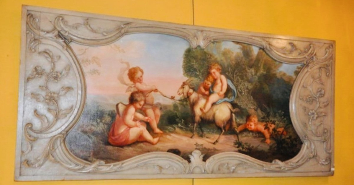 Important Bacchanal Scene With Putti, 19th Century Wood Paneling Painting-photo-4
