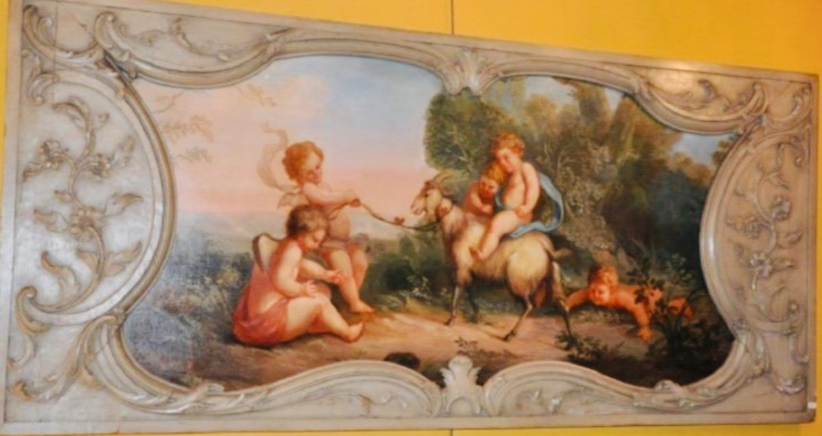 Important Bacchanal Scene With Putti, 19th Century Wood Paneling Painting-photo-4