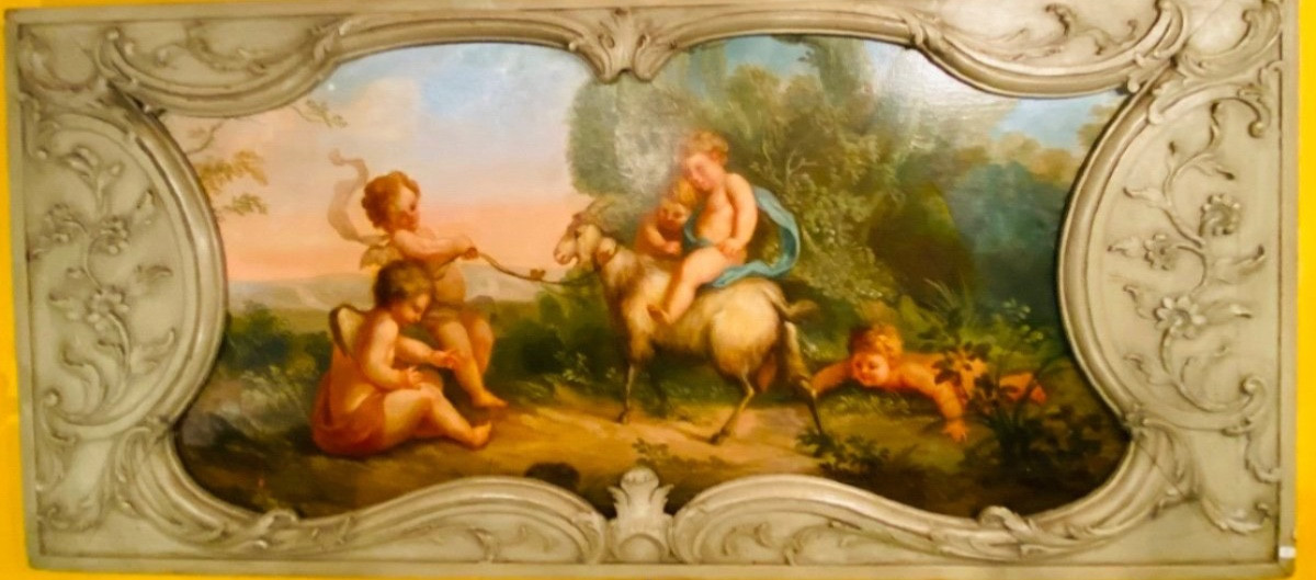 Important Bacchanal Scene With Putti, 19th Century Wood Paneling Painting