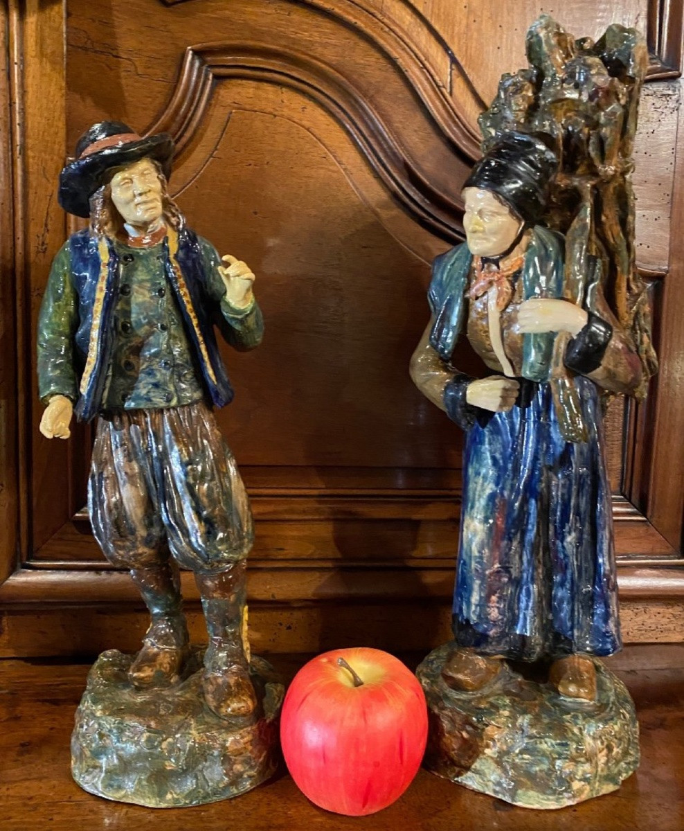 Two Breton Peasants In Earthenware By Achille Blot, Circa 1905, Desvres-photo-2