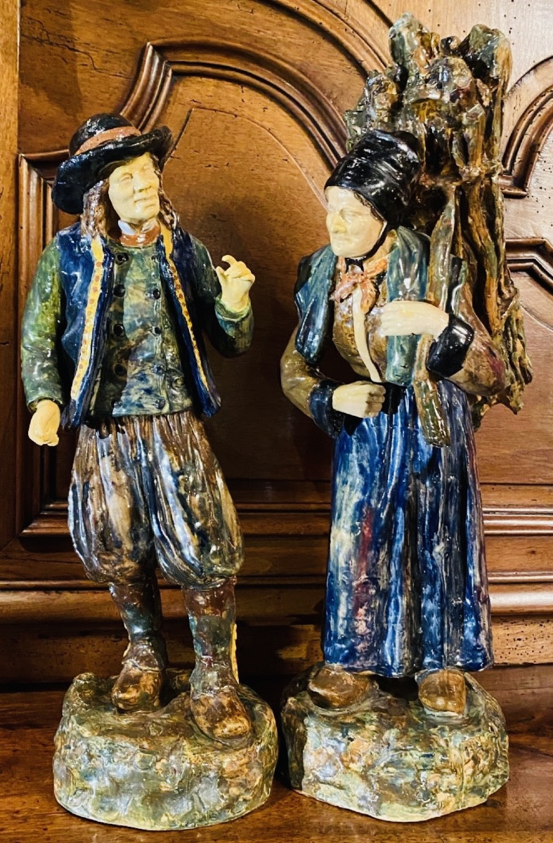 Two Breton Peasants In Earthenware By Achille Blot, Circa 1905, Desvres