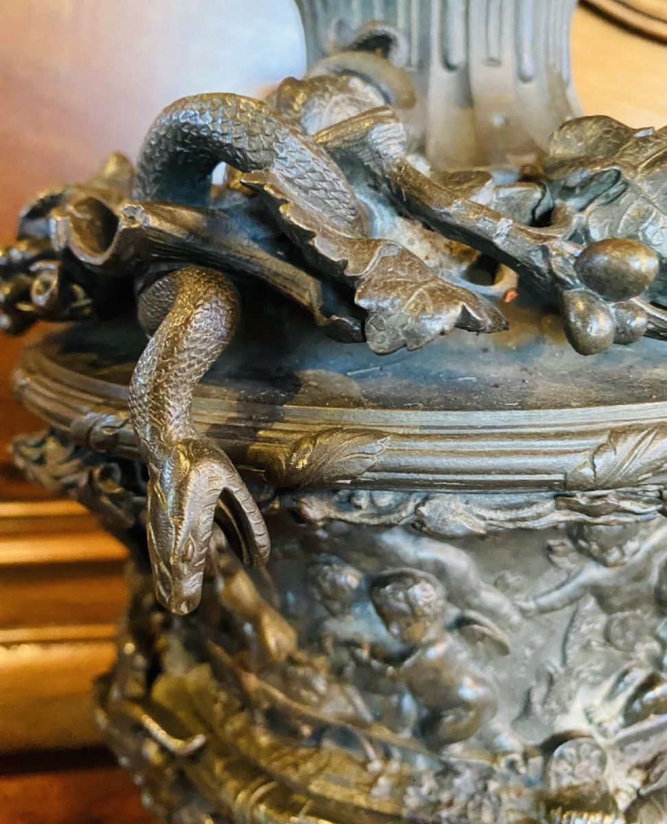 Cassolette aux putti et aux serpents, Clodion, Bronze Du XIX Eme Siècle-photo-3