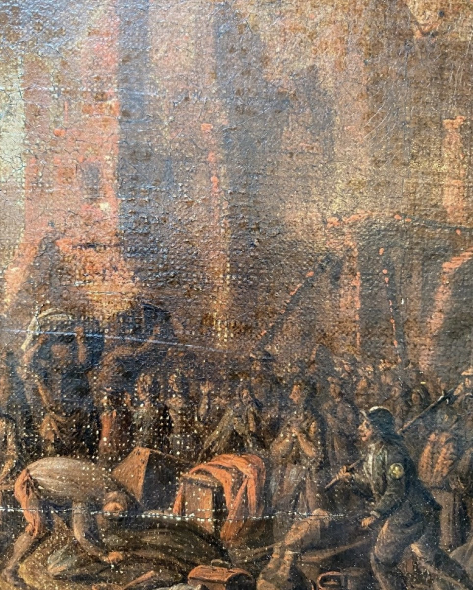 Scène de pillage et d’incendie d’une ville la nuit, huile sur toile de la fin du XVIII eme sièc-photo-8