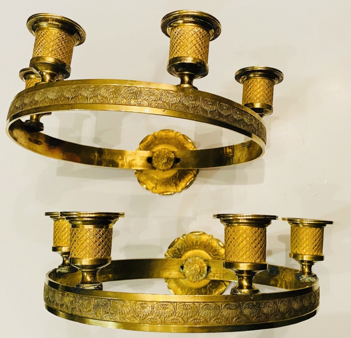 Pair Of Unusual Round Empire-style Bronze Wall Sconces From The Late 19th Century-photo-2