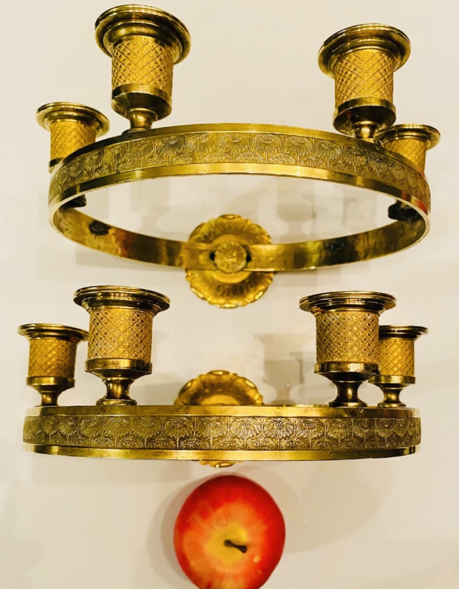 Pair Of Unusual Round Empire-style Bronze Wall Sconces From The Late 19th Century-photo-4