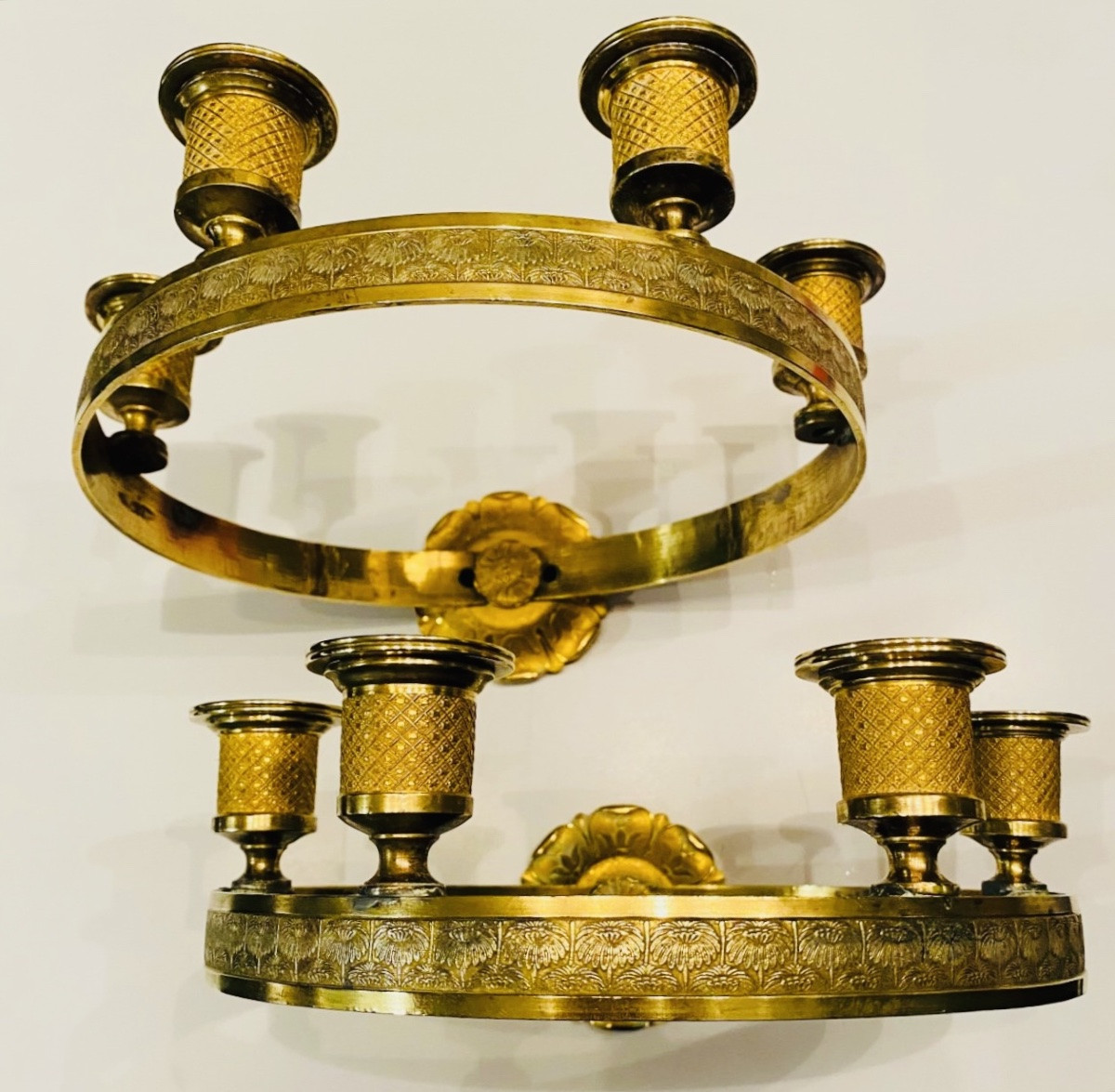 Pair Of Unusual Round Empire-style Bronze Wall Sconces From The Late 19th Century-photo-2