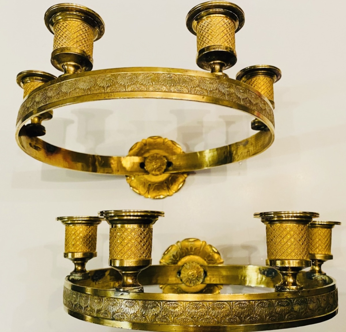 Pair Of Unusual Round Empire-style Bronze Wall Sconces From The Late 19th Century-photo-3