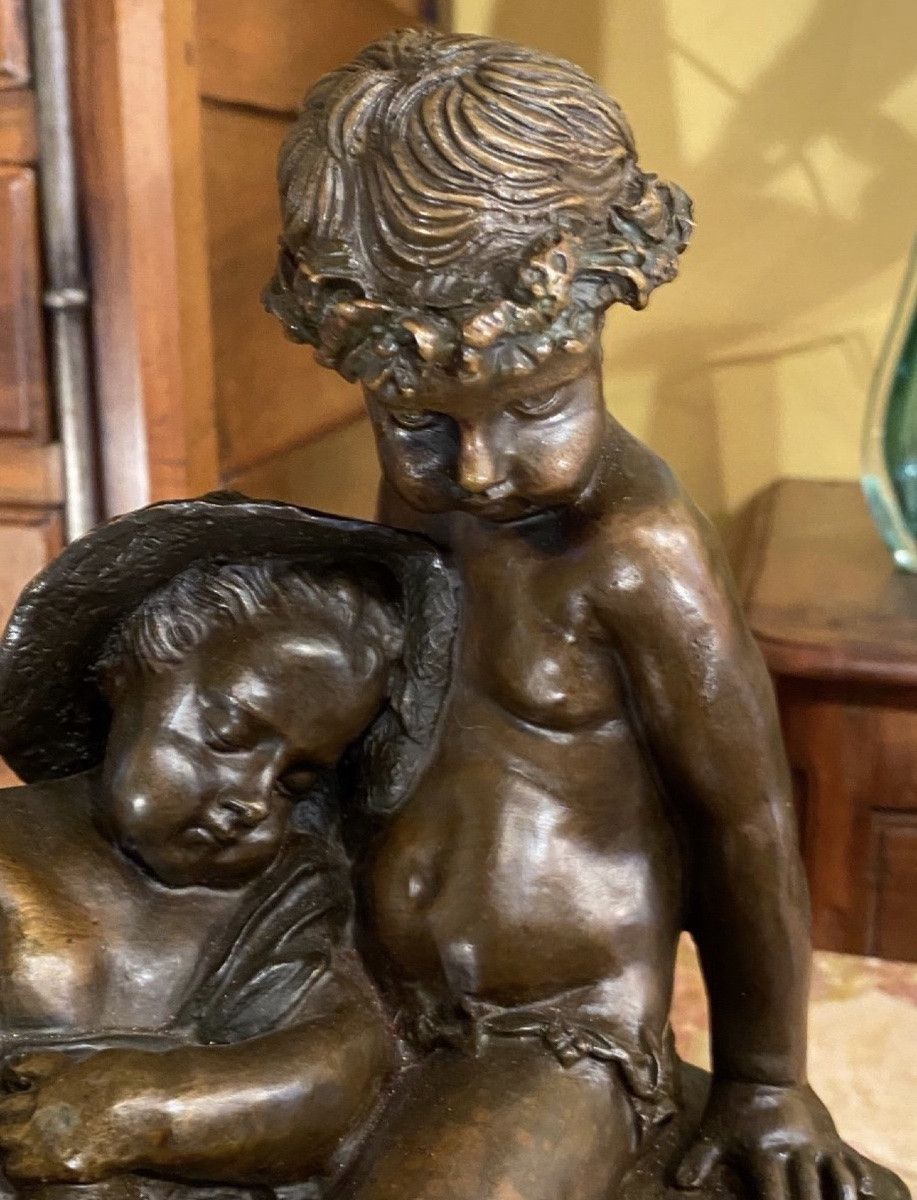 Bronze: Allegory Of Summer, After Clodion, Young Gardeners, 19th Century Bronze-photo-1