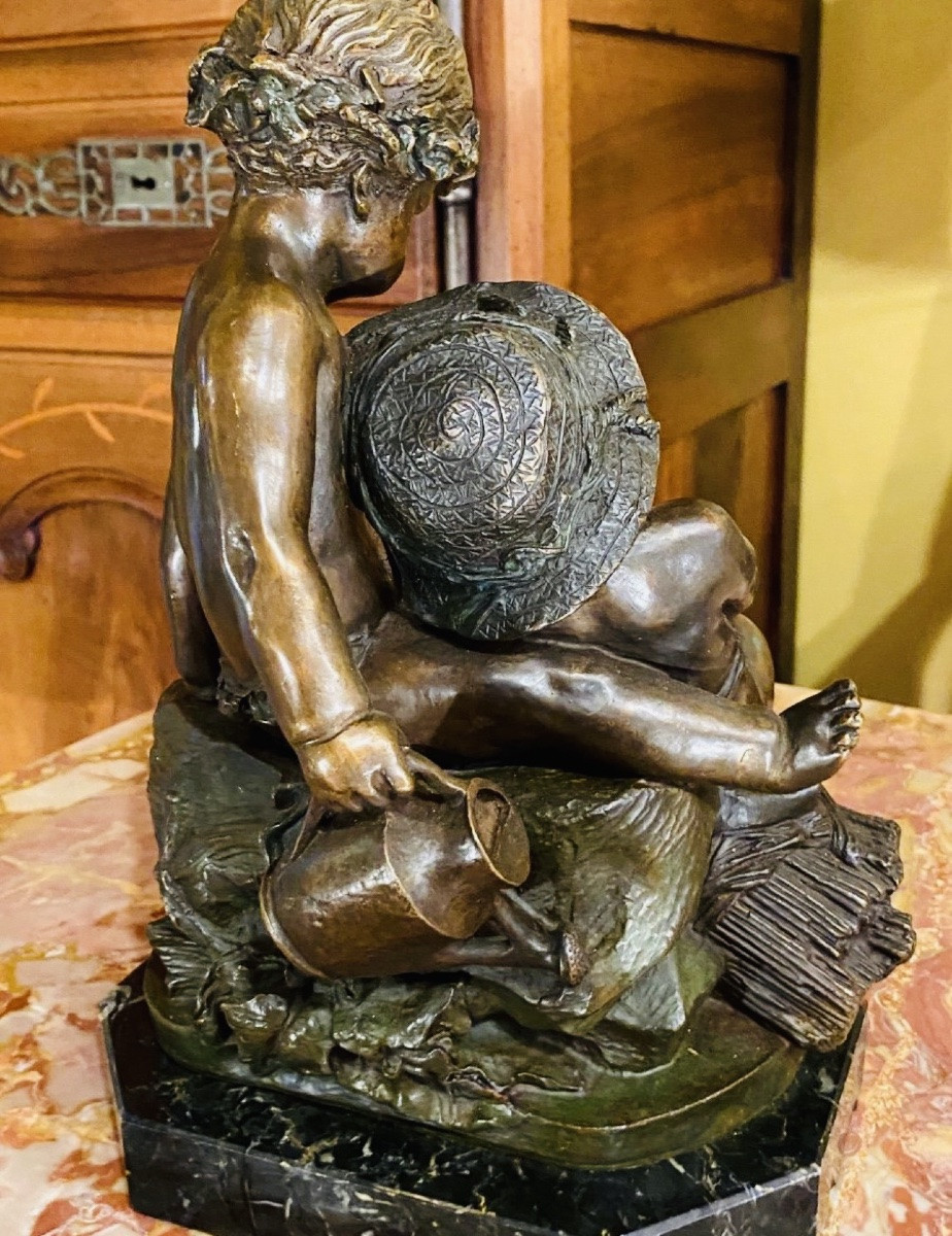 Bronze: Allegory Of Summer, After Clodion, Young Gardeners, 19th Century Bronze-photo-4