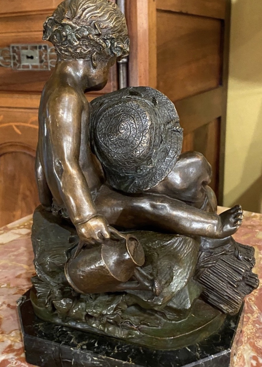 Bronze: Allegory Of Summer, After Clodion, Young Gardeners, 19th Century Bronze-photo-5