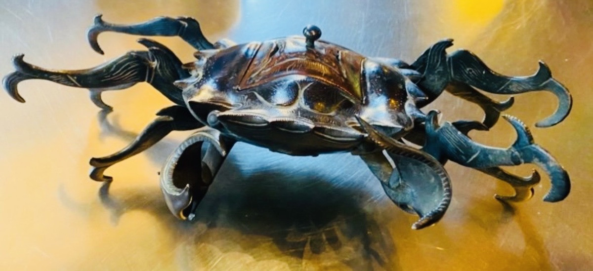 Brûle parfum japonais période Edo, signé, beau crabe en bronze -photo-2