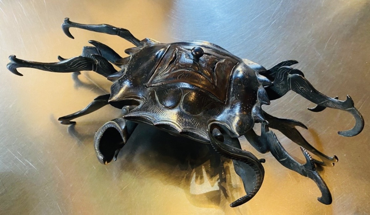 Brûle parfum japonais période Edo, signé, beau crabe en bronze -photo-4