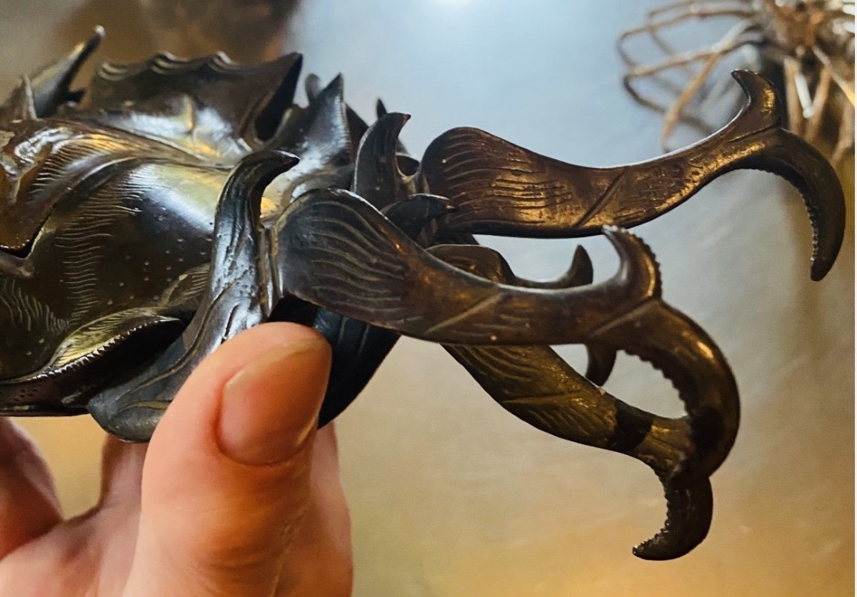 Brûle parfum japonais période Edo, signé, beau crabe en bronze -photo-2