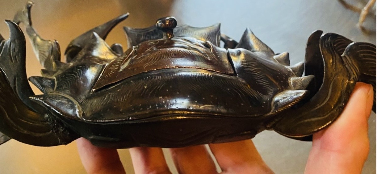 Brûle parfum japonais période Edo, signé, beau crabe en bronze -photo-4