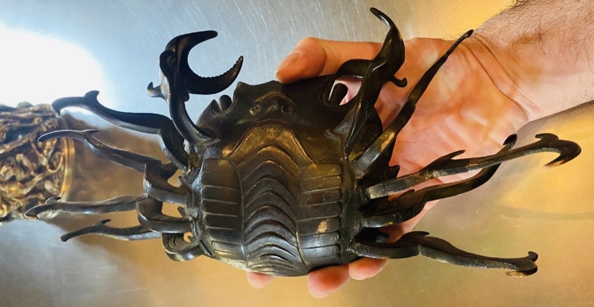 Brûle parfum japonais période Edo, signé, beau crabe en bronze -photo-7