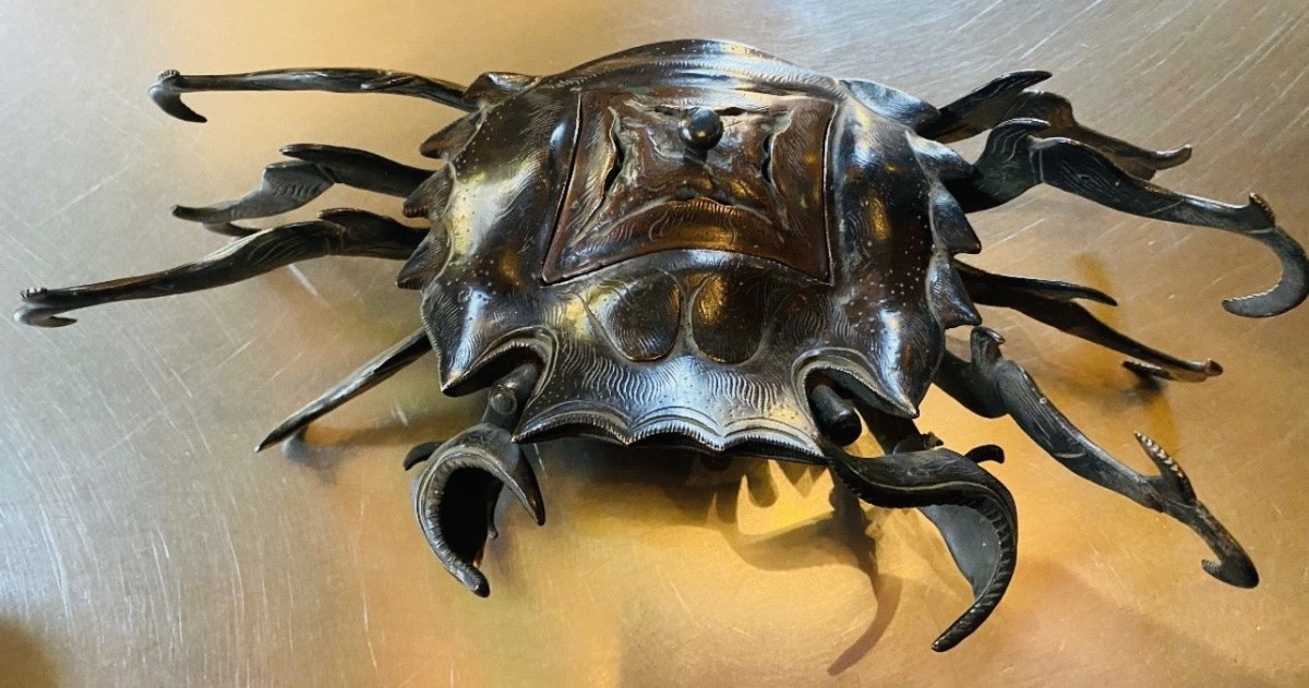 Brûle parfum japonais période Edo, signé, beau crabe en bronze -photo-8