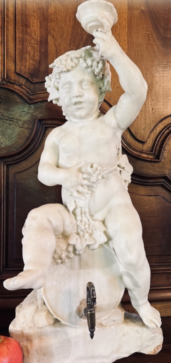 Bacchus As A Child On A Barrel, 19th Century, Marble Table Fountain -photo-2
