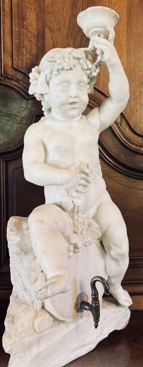 Bacchus As A Child On A Barrel, 19th Century, Marble Table Fountain 