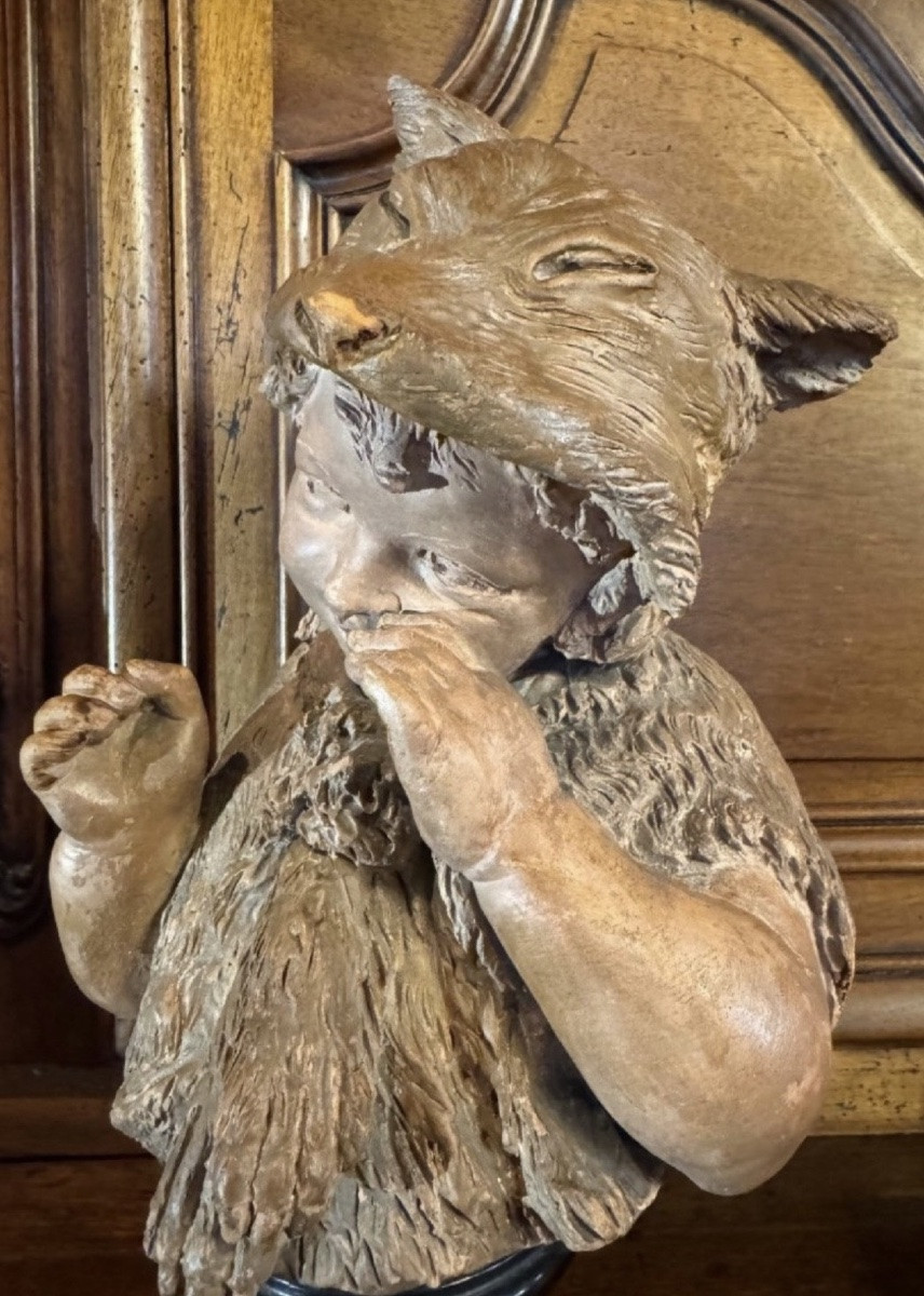 Terracotta Bust: Little Girl Wearing A Fox Skin, Inspired By 19th Century Tales-photo-4