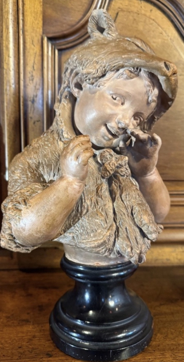 Terracotta Bust: Little Girl Wearing A Fox Skin, Inspired By 19th Century Tales