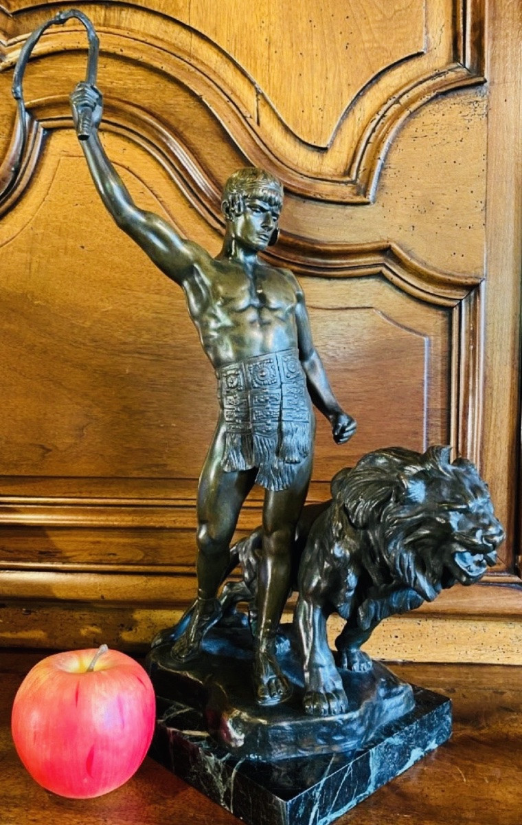 Gladiateur au lion, Bronze Art Déco Par Jean Verschneider-photo-2