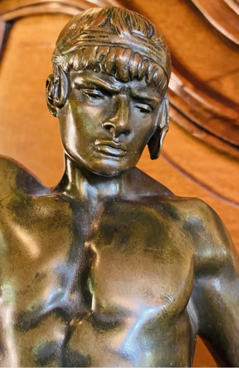 Gladiateur au lion, Bronze Art Déco Par Jean Verschneider-photo-3
