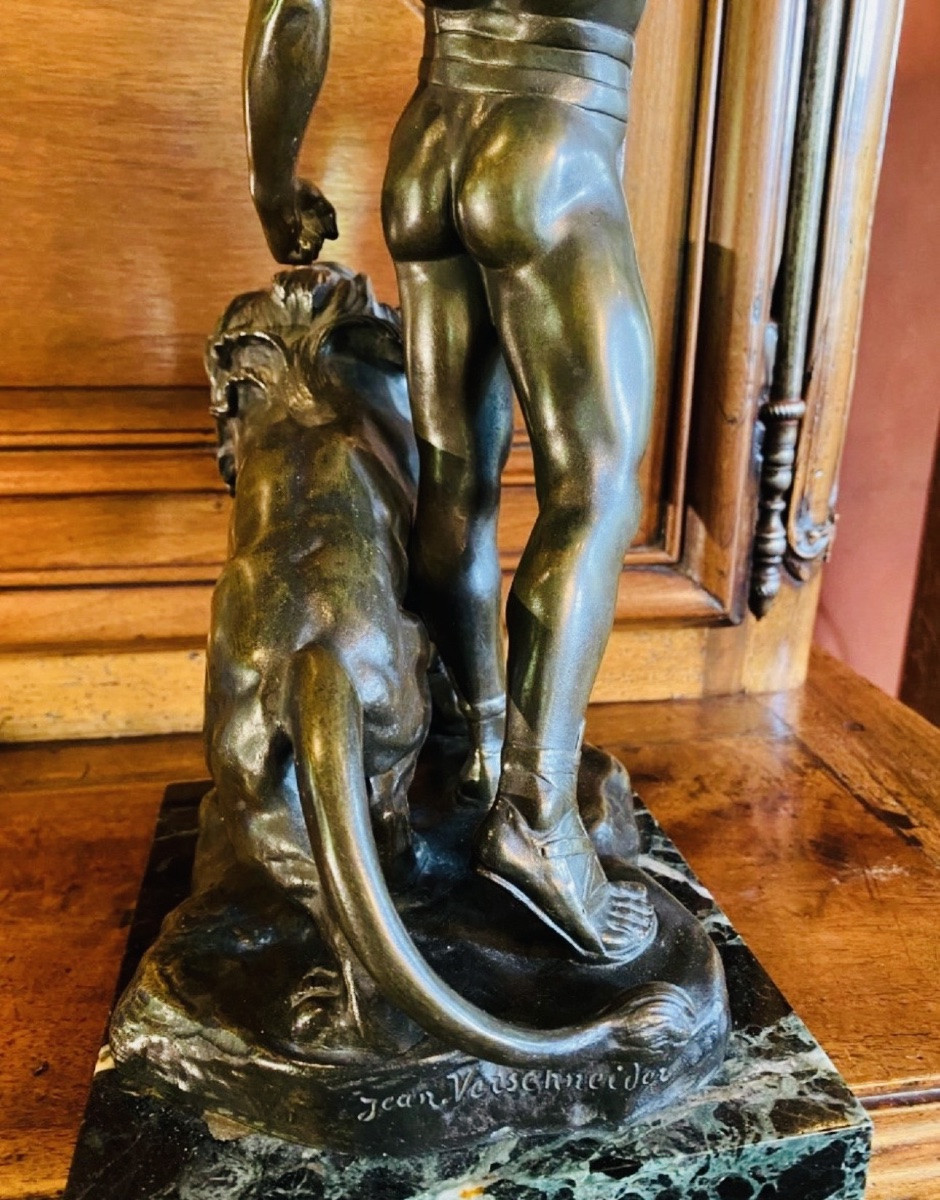 Gladiateur au lion, Bronze Art Déco Par Jean Verschneider-photo-2