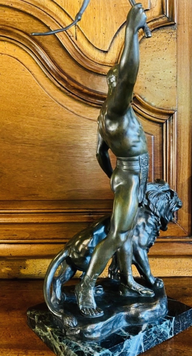 Gladiateur au lion, Bronze Art Déco Par Jean Verschneider-photo-3