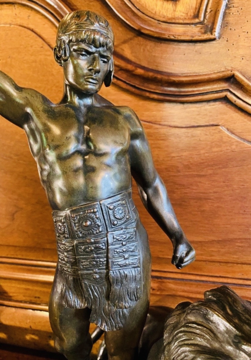 Gladiateur au lion, Bronze Art Déco Par Jean Verschneider-photo-8