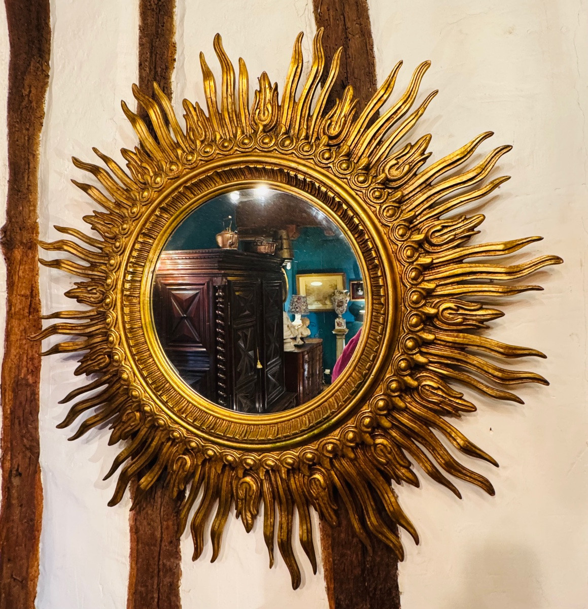 Important Gilded Wooden Sunburst Mirror – 20th Century – ø 125 Cm-photo-2