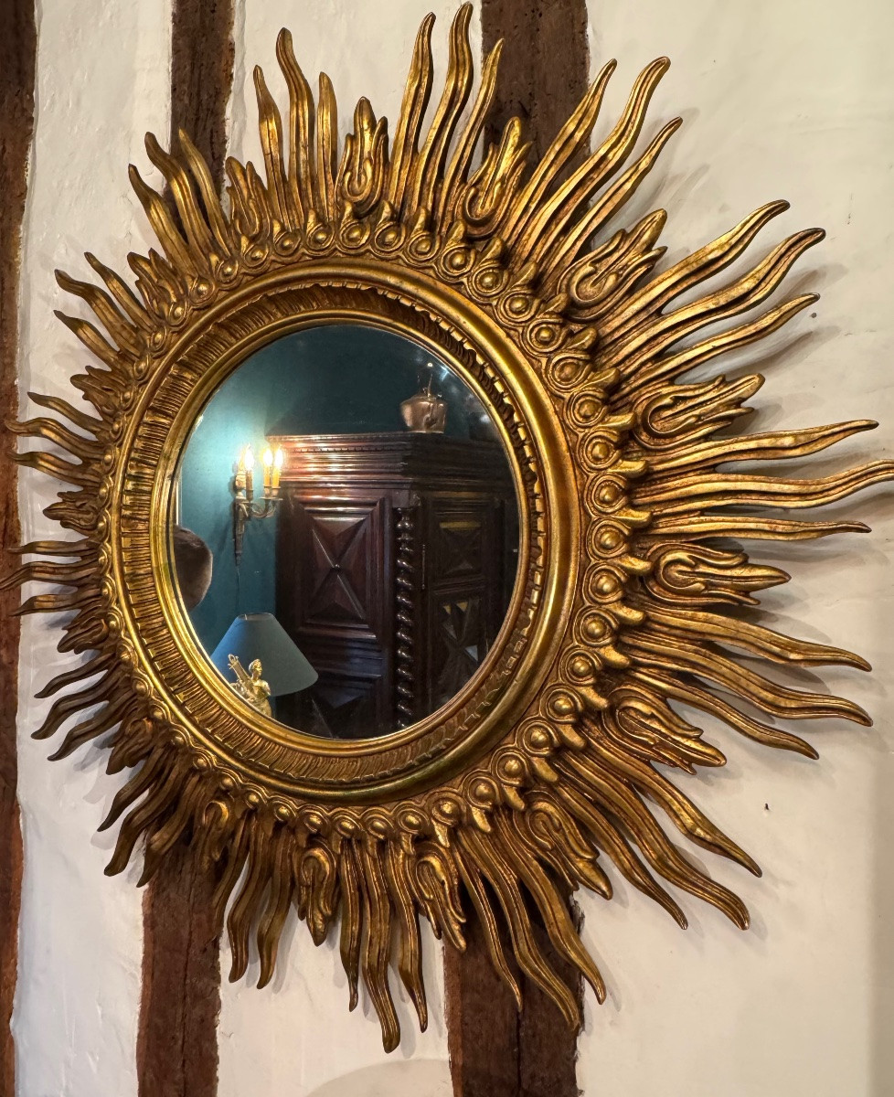 Important Gilded Wooden Sunburst Mirror – 20th Century – ø 125 Cm-photo-3