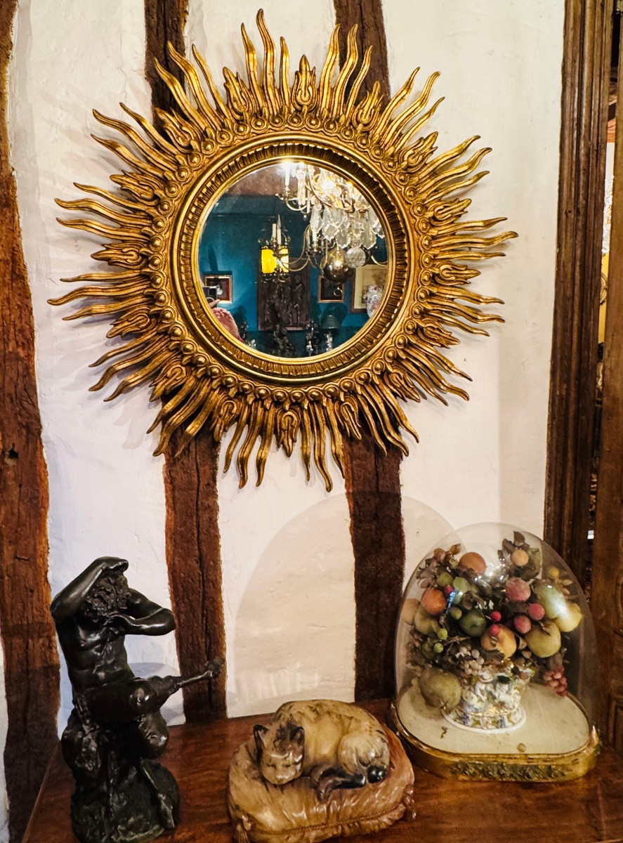 Important Gilded Wooden Sunburst Mirror – 20th Century – ø 125 Cm-photo-4